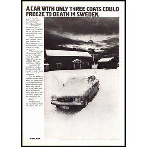 1972 Volvo Sedan Vintage Print Ad Snow Covered Cabin Winter Sweden Wall Art